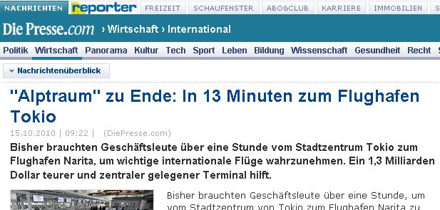 "Alptraum" zu Ende: In 13 Minuten zum Flughafen Tokio. ausschnitt aus DiePresse.com